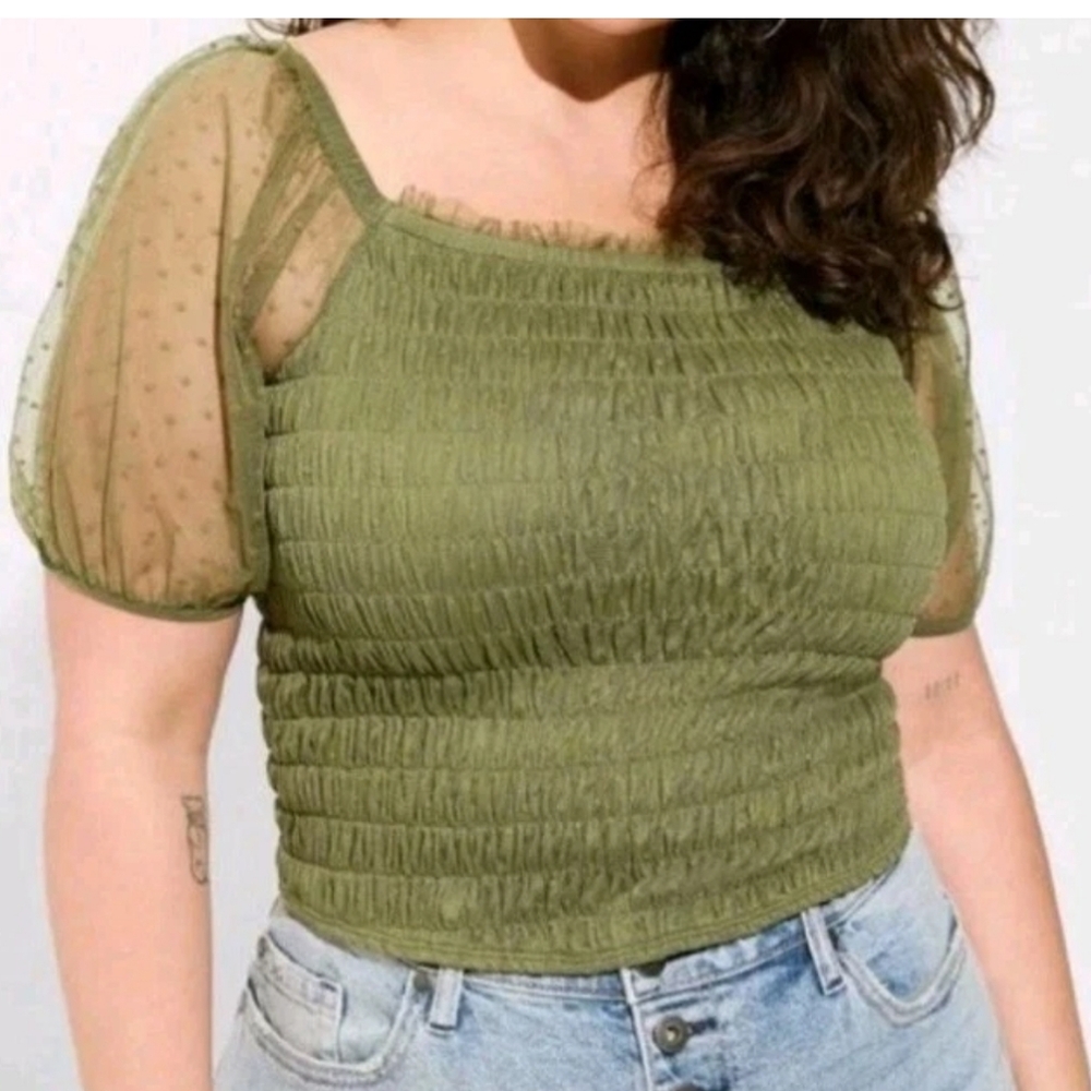 Torrid Square Neck Smocked Top Plus Sz 4X Olive Dot Sheer Mesh Puff Sleeve Nwt